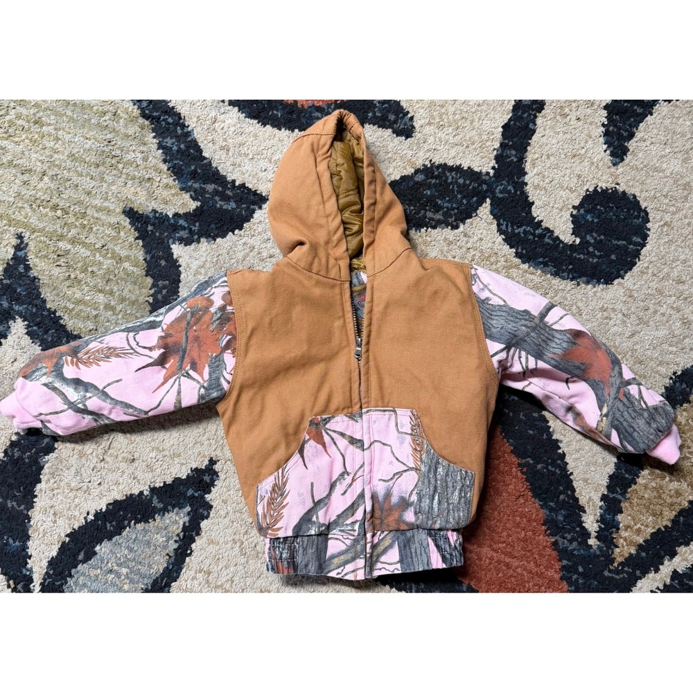 Outdoor Habitat Kids Brown Canvas Pink Camo Hooded Jacket Size 2T Full Zip